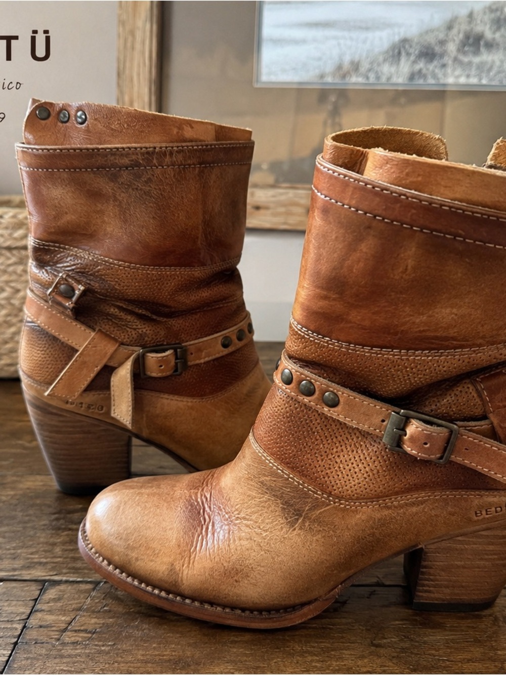 BED|STU Tan Leather Mid-Calf Buckle Heeled Boots -Cobbler Series